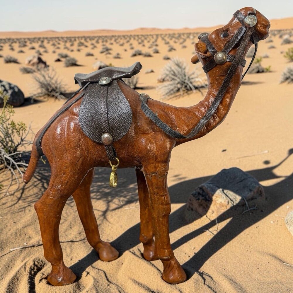 Vintage Leather Wrapped Standing Camel Figurine with Saddle & Bridle 7" x 7.5"
